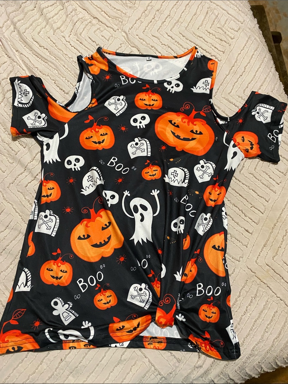 Halloween Pumpkin & Ghost off the shoulder shirt - Black & Orange